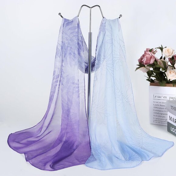 Women's Purple Blue Fashion Lightweight Head Scarf Floral Print Chiffon Scarves - Picture 3 of 7